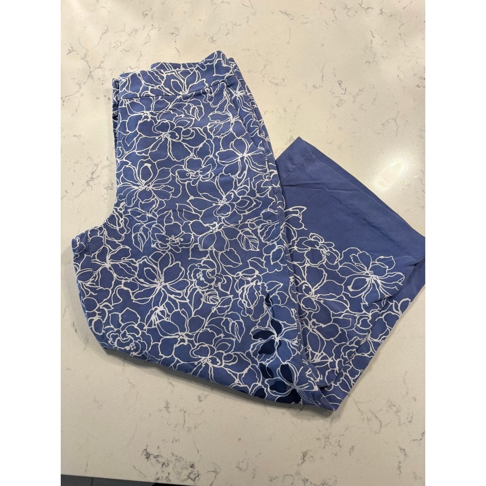 Tommy Bahama Blue White Floral 100% Silk Wide Leg Crop Pants Womens Size 10